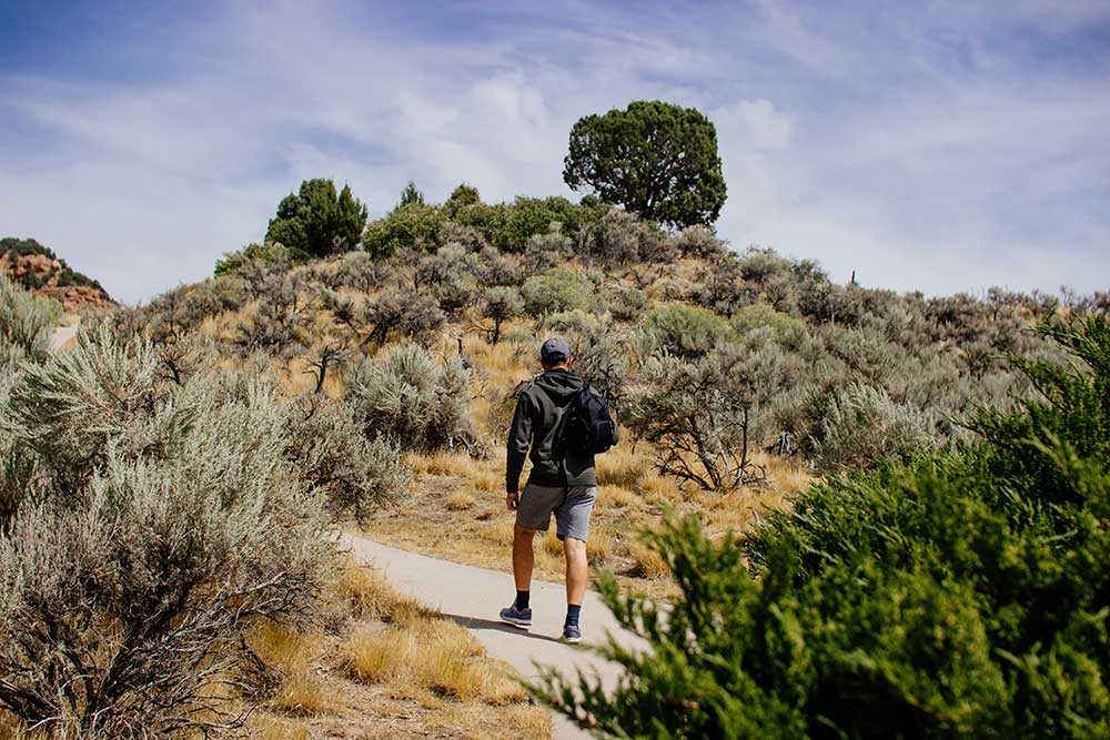 man walks among the red canyons on a sunny day